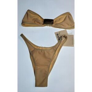 SAME Los Angeles Bikini Set Tan Bow Bandeau Top S & Bottom Size XS NWT